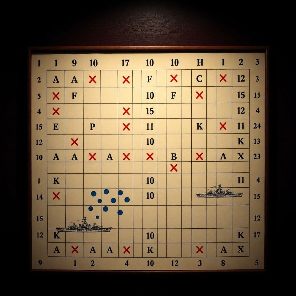 Classic battleship grid on squared paper with red X marks and ship silhouettes