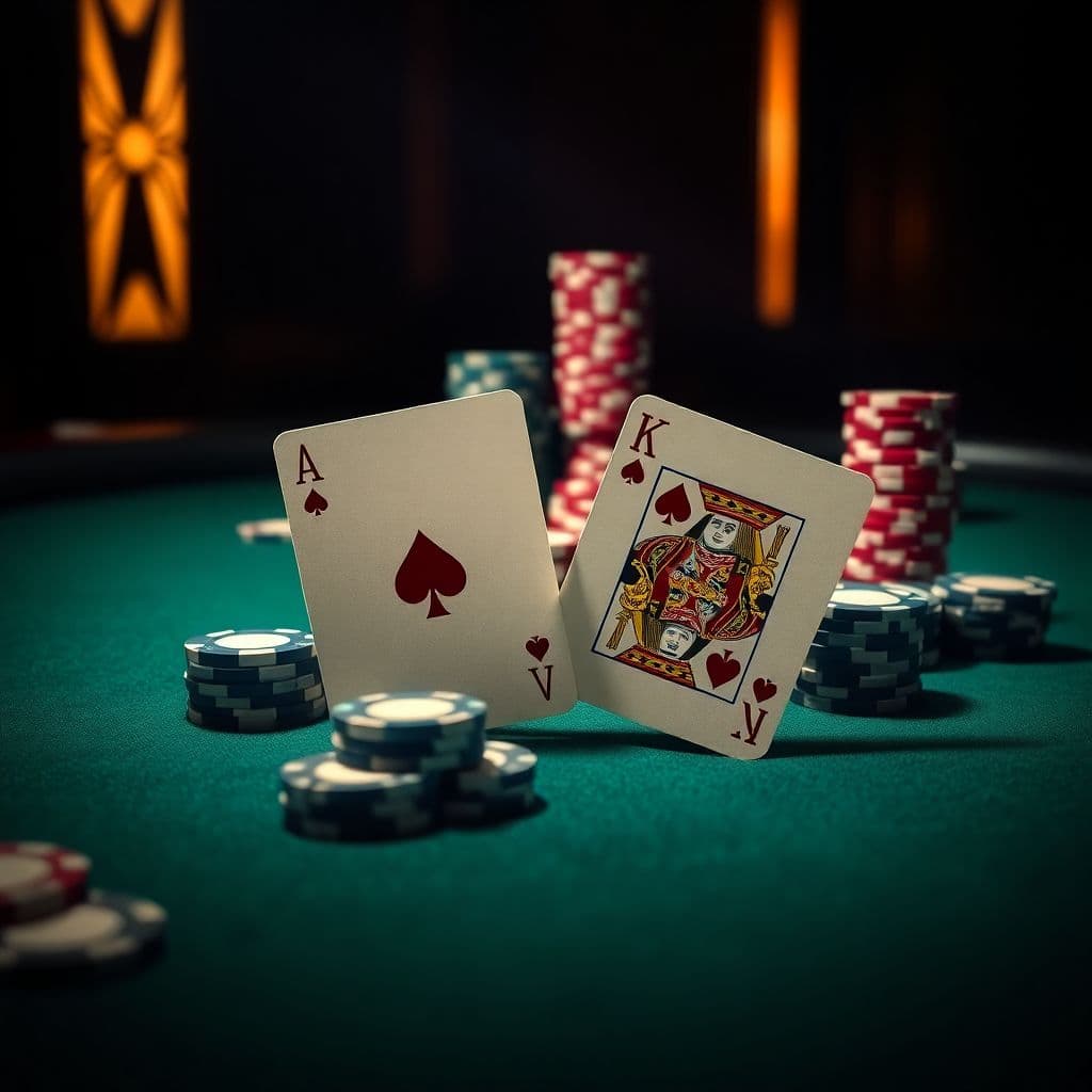 Poker cards Ace and King with casino chips on green felt table